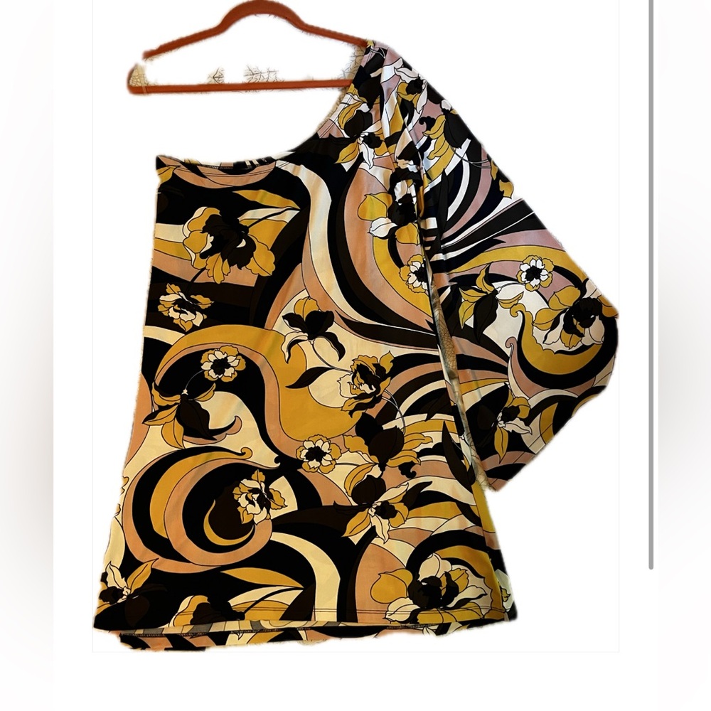 Pucci inspired one sleeve cocktail dress. Retro 60s 70s.